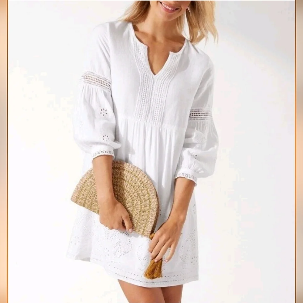 Tommy Bahama St. Lucia Linen-Blend Split-Neck Dress Sz Med $135 - Picture 2 of 13